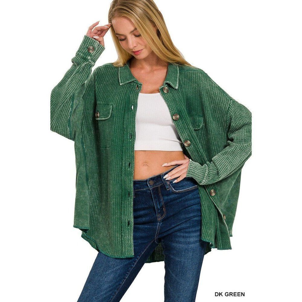 Zenana Meet U There Cotton Waffle Acid Wash Oversized Shacket Dk Green CJW-3300